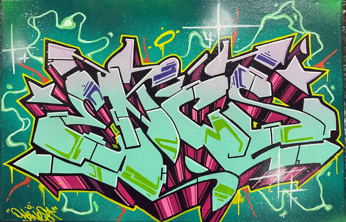 Œuvre original
Technique mixte bombe aérosol feutre acrylique
Vernis ultra braillant
Livre avec stickers et goodies
Option sketch offert par message